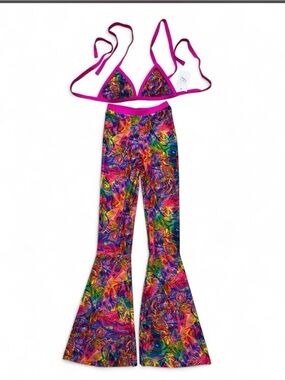 Rainbow Tie Dye Bikini Top Set With Flared Bottom Pants